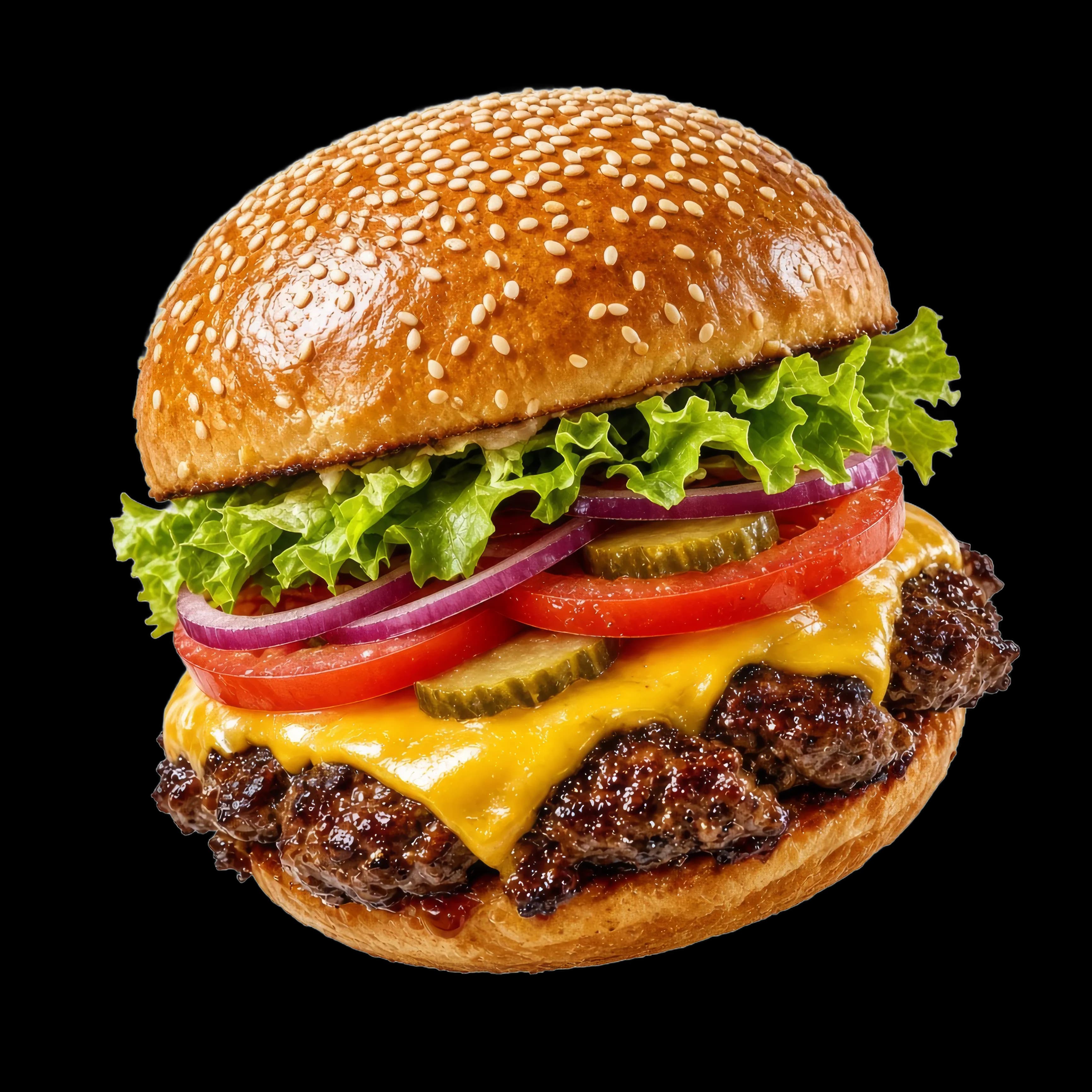 A smash burger with double patty, melted cheese, lettuce, tomato, pickles, red onion